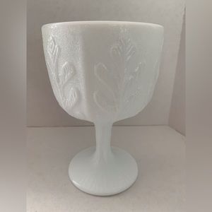 Vintage FTD Milk Glass Pedestal Vase with Oak Leaf Pattern